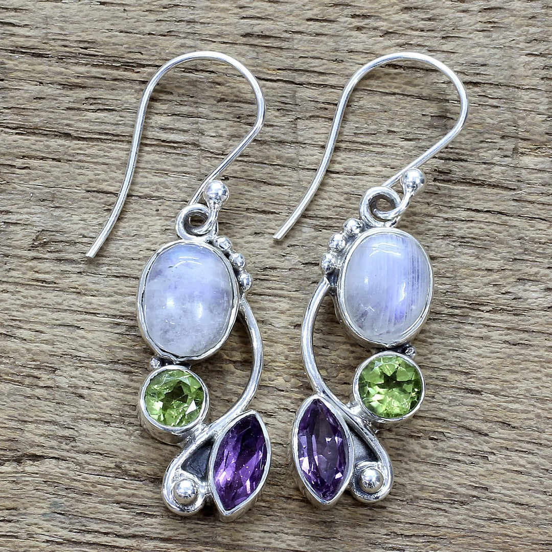 Multi-Gemstone Dangle Earrings Peridot Amethyst from India - Natural Glamour