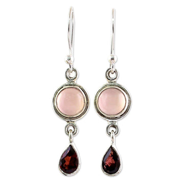 Garnet and Chalcedony Dangle Earrings from India - Crimson Droplets