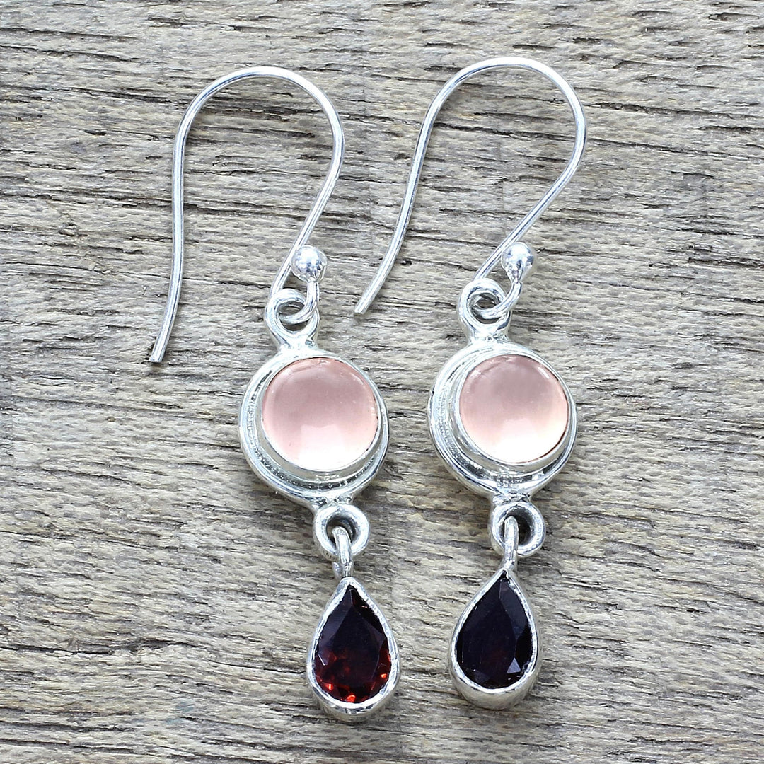 Garnet and Chalcedony Dangle Earrings from India - Crimson Droplets