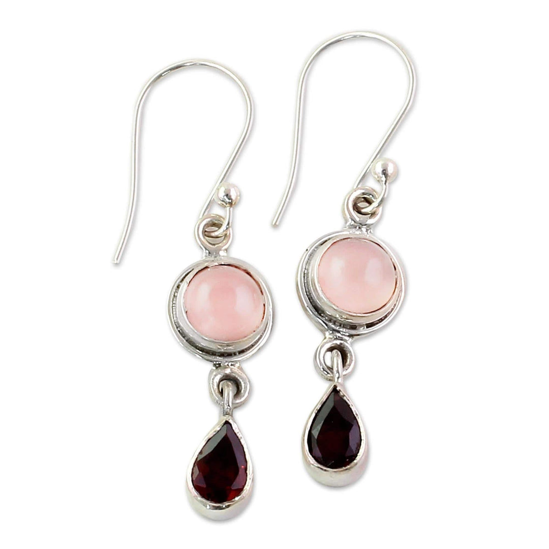 Garnet and Chalcedony Dangle Earrings from India - Crimson Droplets