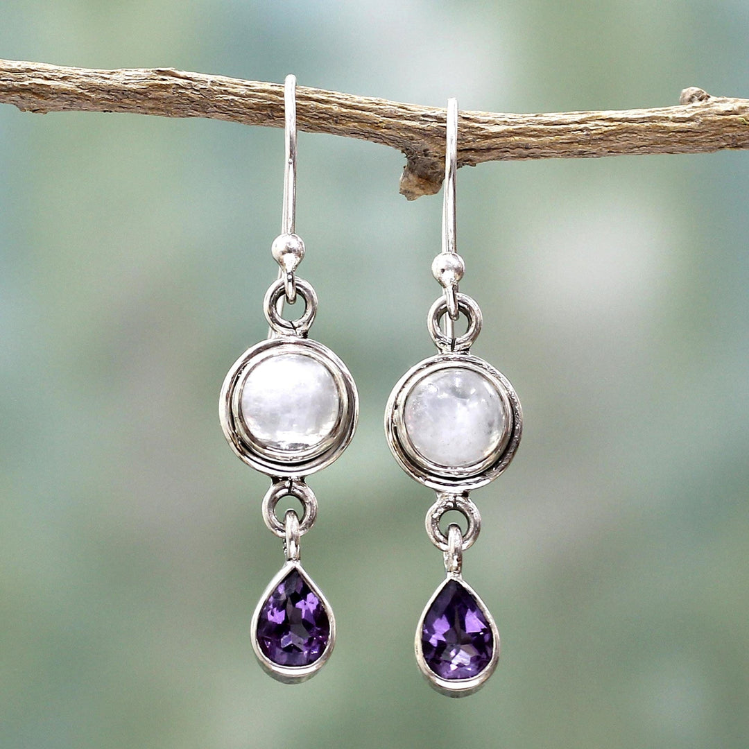 Amethyst Rainbow Moonstone Dangle Earrings from India - Purple Droplets