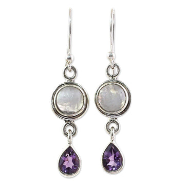 Amethyst Rainbow Moonstone Dangle Earrings from India - Purple Droplets