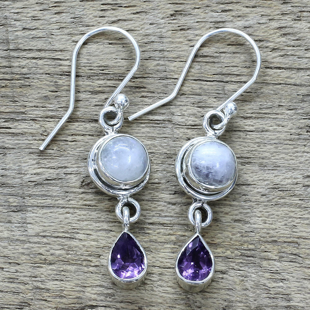 Amethyst Rainbow Moonstone Dangle Earrings from India - Purple Droplets