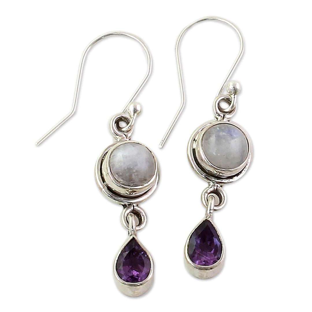 Amethyst Rainbow Moonstone Dangle Earrings from India - Purple Droplets