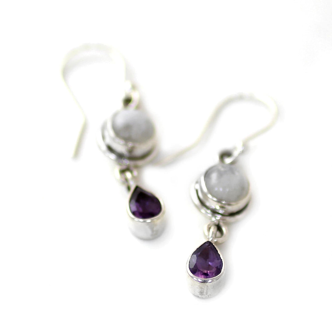 Amethyst Rainbow Moonstone Dangle Earrings from India - Purple Droplets