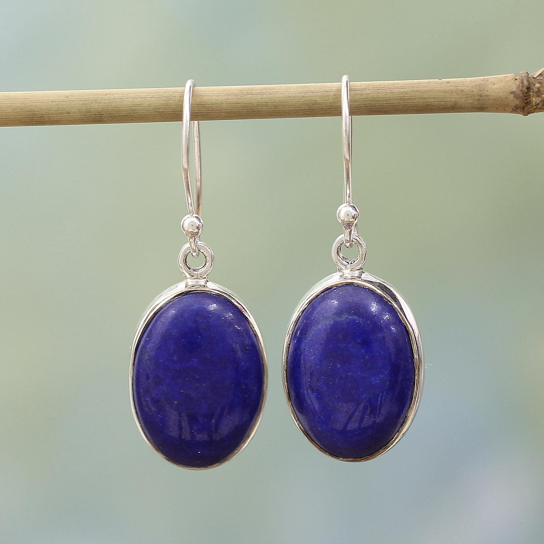 Sterling Silver Lapis Lazuli Dangle Earrings from India - Oval Seas