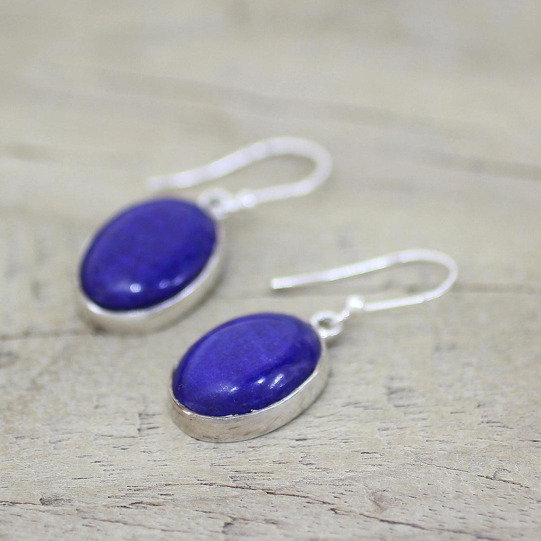 Sterling Silver Lapis Lazuli Dangle Earrings from India - Oval Seas