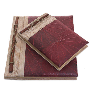Handcrafted Pair of Rice Paper Notebooks from Indonesia - Autumn Spirit in Red