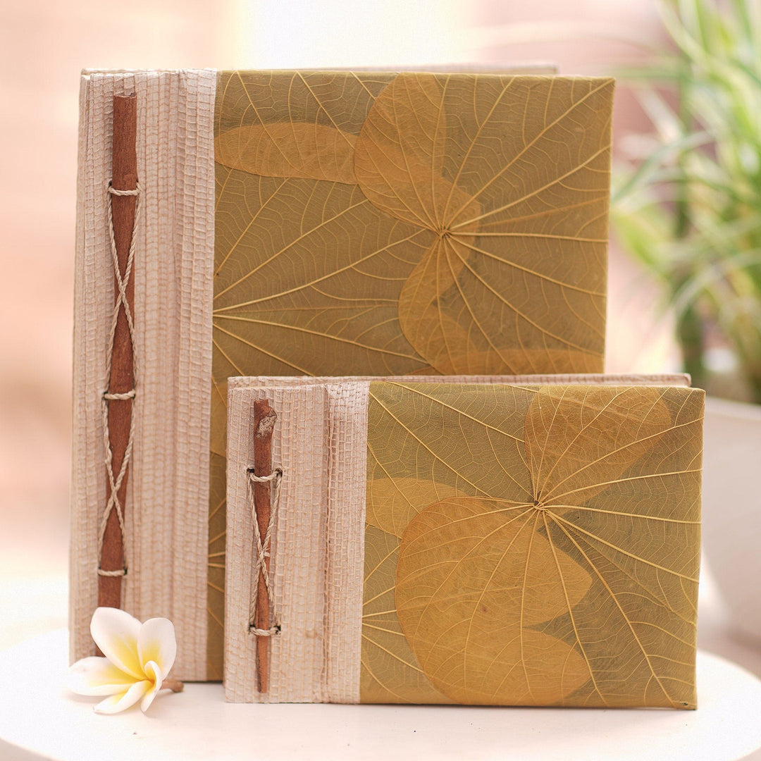 Handcrafted Pair of Rice Paper Notebooks from Indonesia - Autumn Spirit in Olive