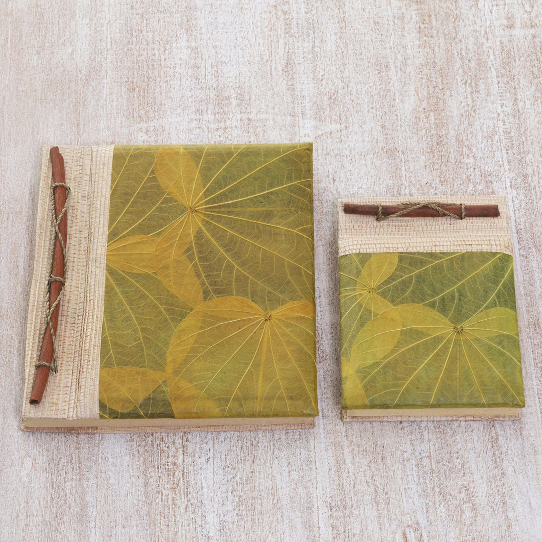 Handcrafted Pair of Rice Paper Notebooks from Indonesia - Autumn Spirit in Olive