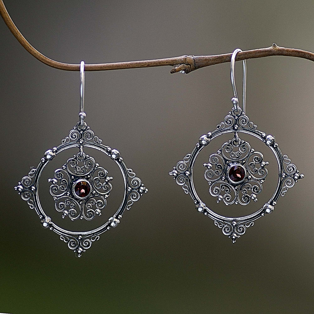 Hand Made Sterling Silver Garnet Dangle Earrings Indonesia - Red Vibrations
