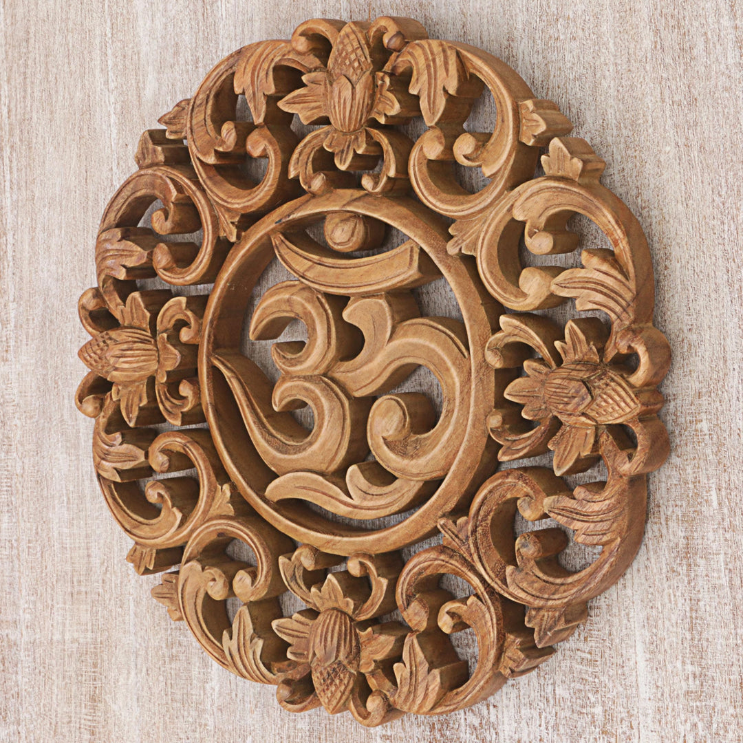 Hand Made Wood Wall Relief Panel of Floral Om from Indonesia - Flower Om