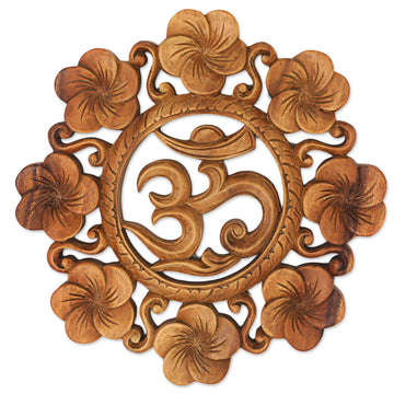 Suar Wood Wall Relief Panel Floral Om from Indonesia - Blooming Om