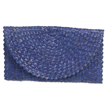 Handmade Palm Leaf Fiber Clutch Handbag Indonesia in Blue - Trance in Navy Blue