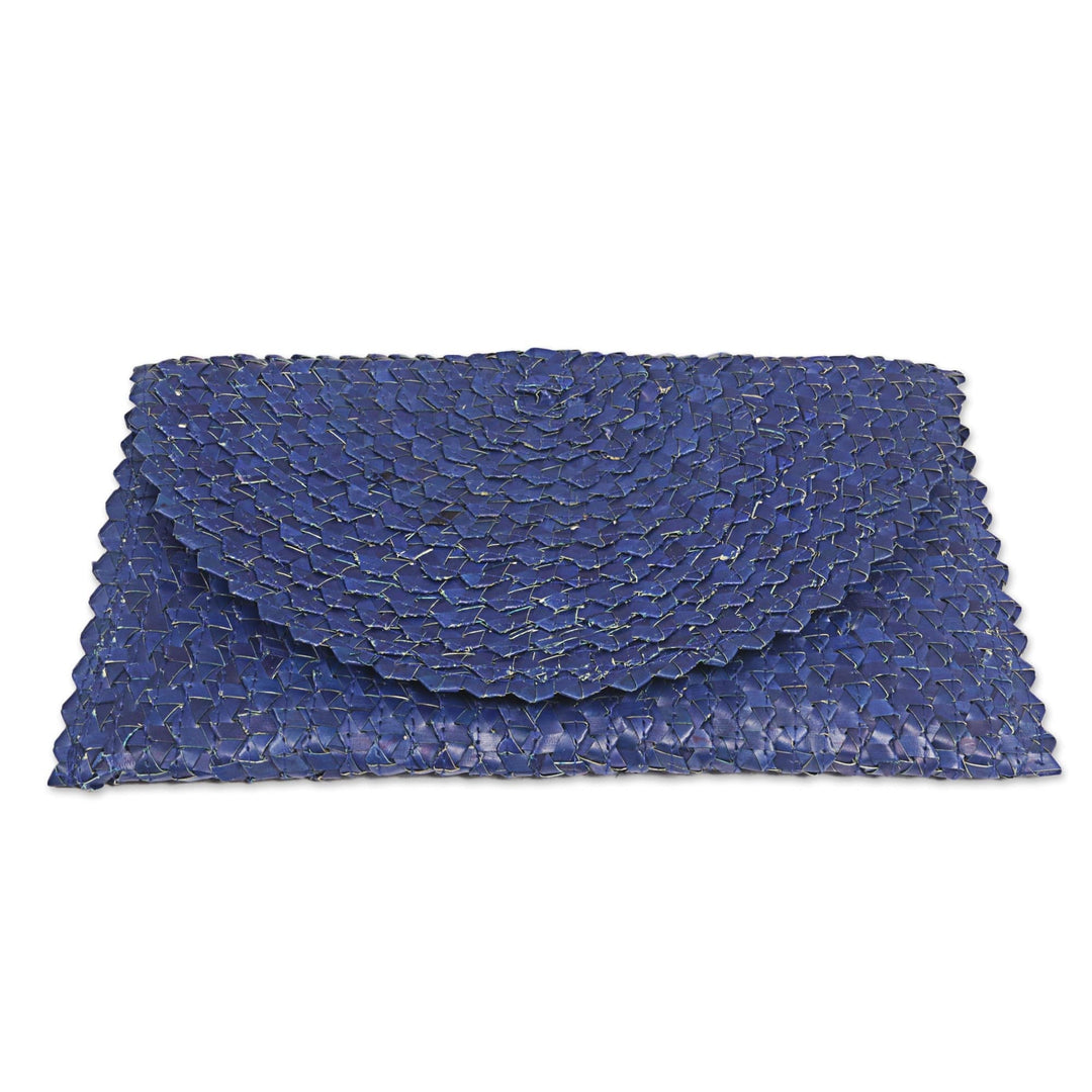 Handmade Palm Leaf Fiber Clutch Handbag Indonesia in Blue - Trance in Navy Blue
