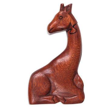 Hand Carved Giraffe Shape Wood Puzzle Box from Indonesia - Resting Giraffe