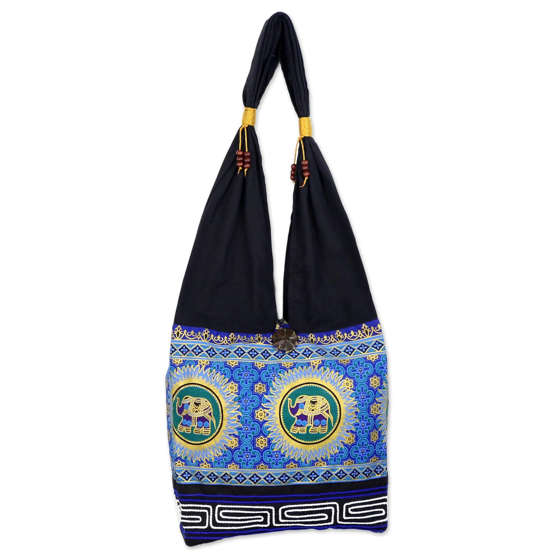 Blue and Black Cotton Blend Shoulder Bag with Elephant Motif - Spiral and Shine