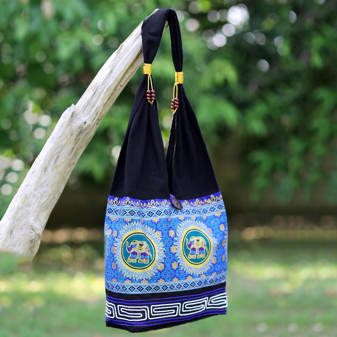 Blue and Black Cotton Blend Shoulder Bag with Elephant Motif - Spiral and Shine