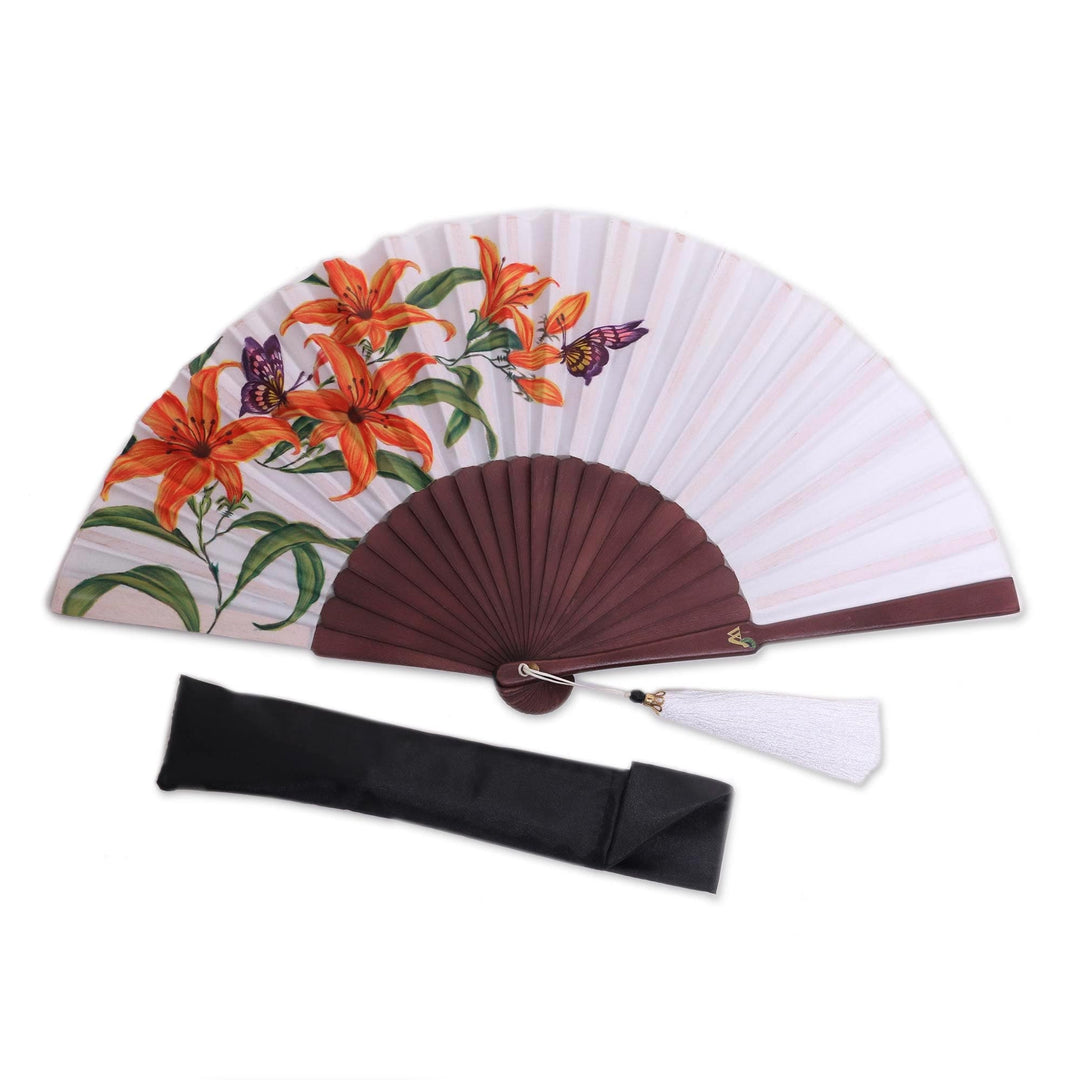 Silk and Wood Fan Floral Motifs on Eggshell from Indonesia - Empress Garden in Eggshell