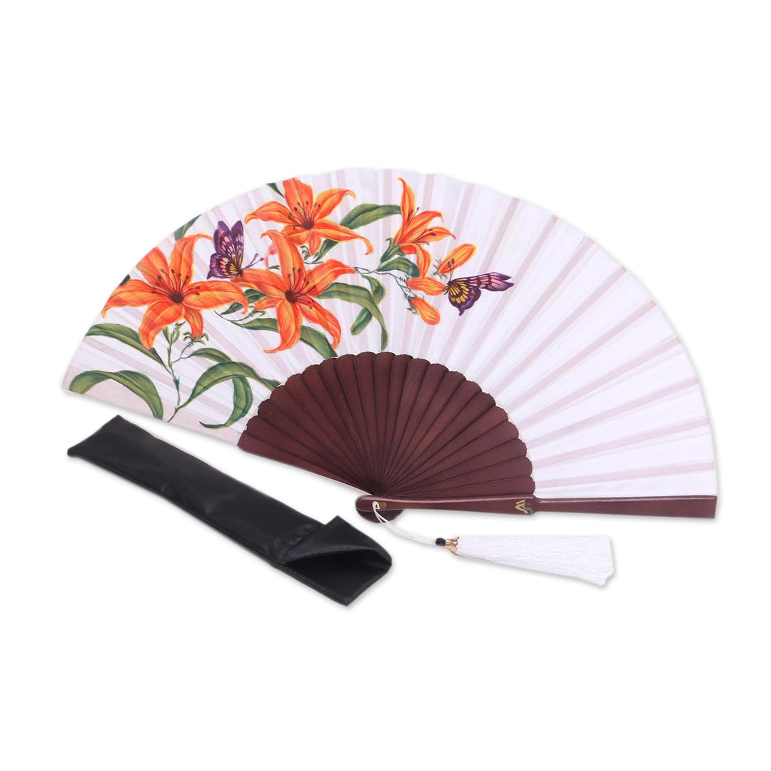 Silk and Wood Fan Floral Motifs on Eggshell from Indonesia - Empress Garden in Eggshell