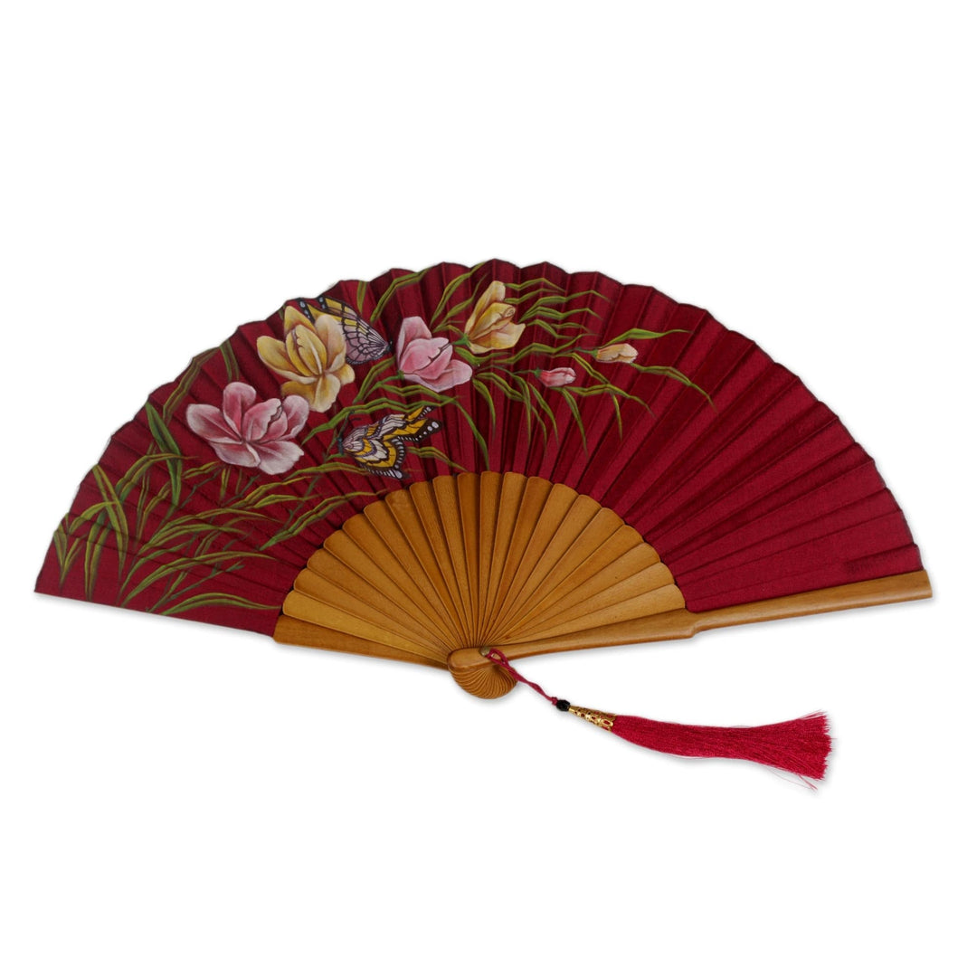 Silk and Wood Fan Floral Motifs in Maroon from Indonesia - Empress Garden in Maroon