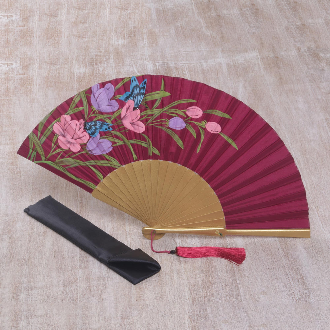 Silk and Wood Fan Floral Motifs in Maroon from Indonesia - Empress Garden in Maroon