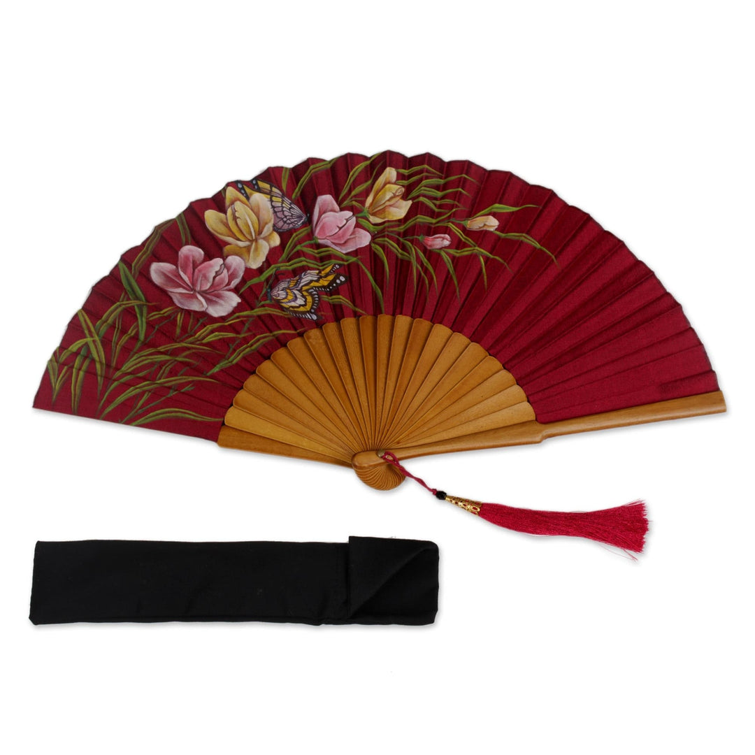 Silk and Wood Fan Floral Motifs in Maroon from Indonesia - Empress Garden in Maroon