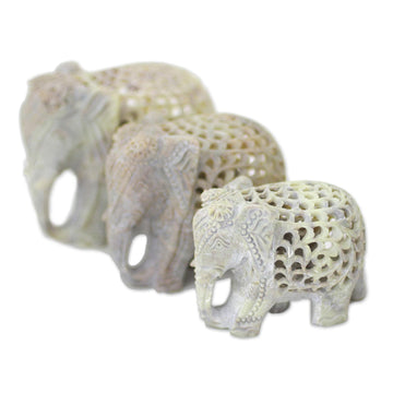 Set of Three Hand Carved Soapstone Elephant Figurines - Royal March