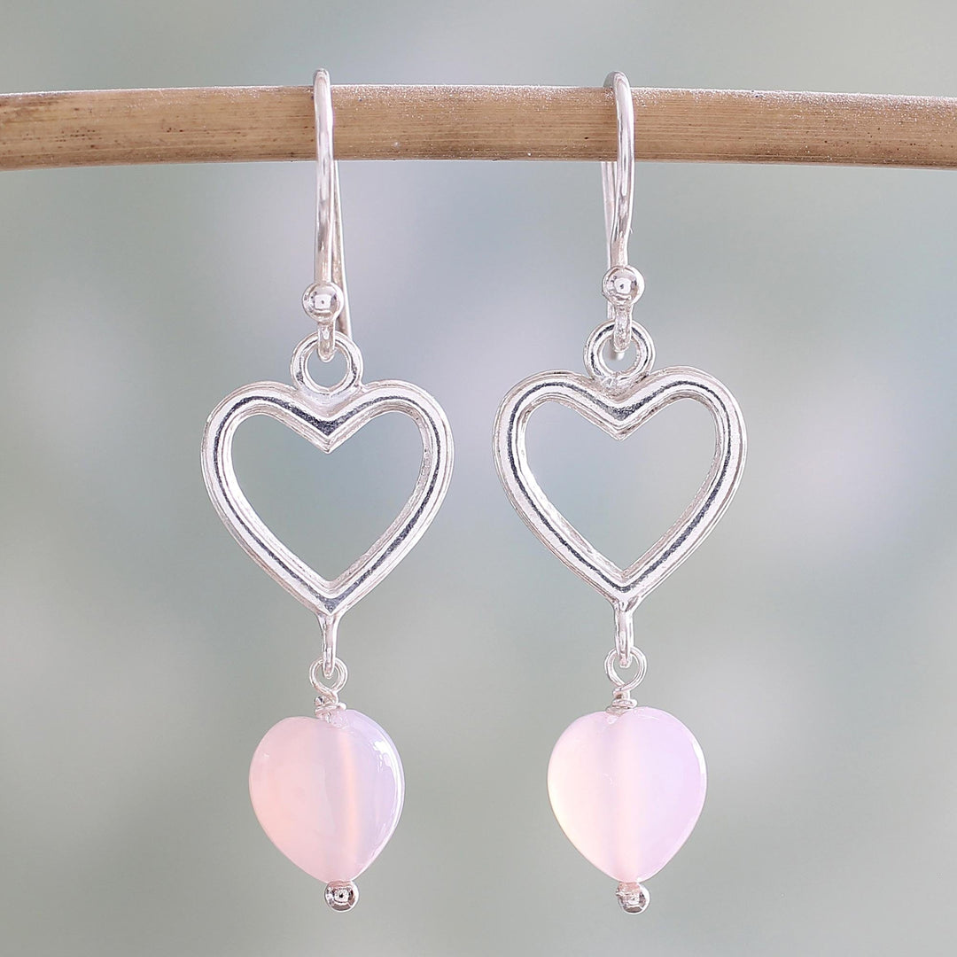 Sterling Silver Pink Onyx Heart Dangle Earrings - Romance Hearts in Pink