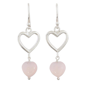 Sterling Silver Pink Onyx Heart Dangle Earrings - Romance Hearts in Pink