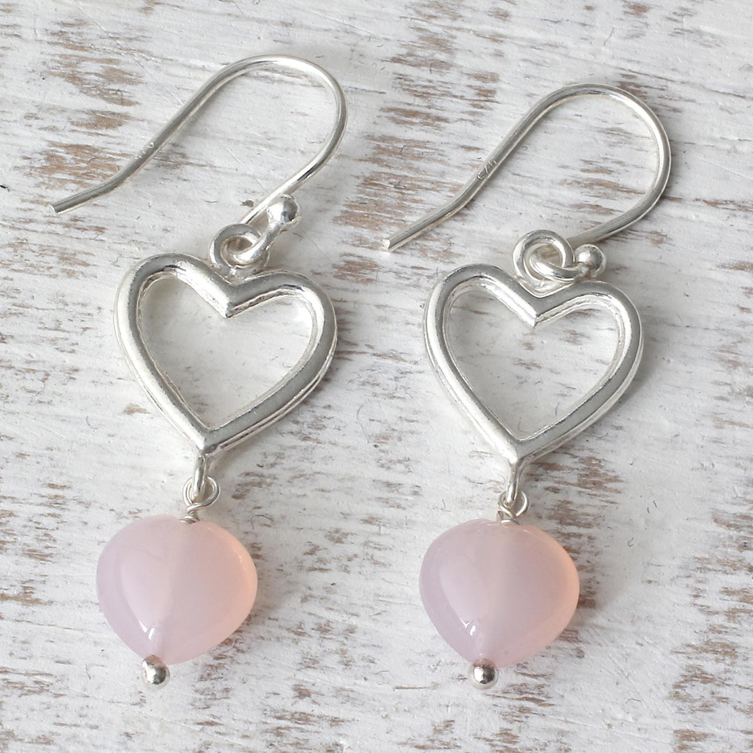 Sterling Silver Pink Onyx Heart Dangle Earrings - Romance Hearts in Pink