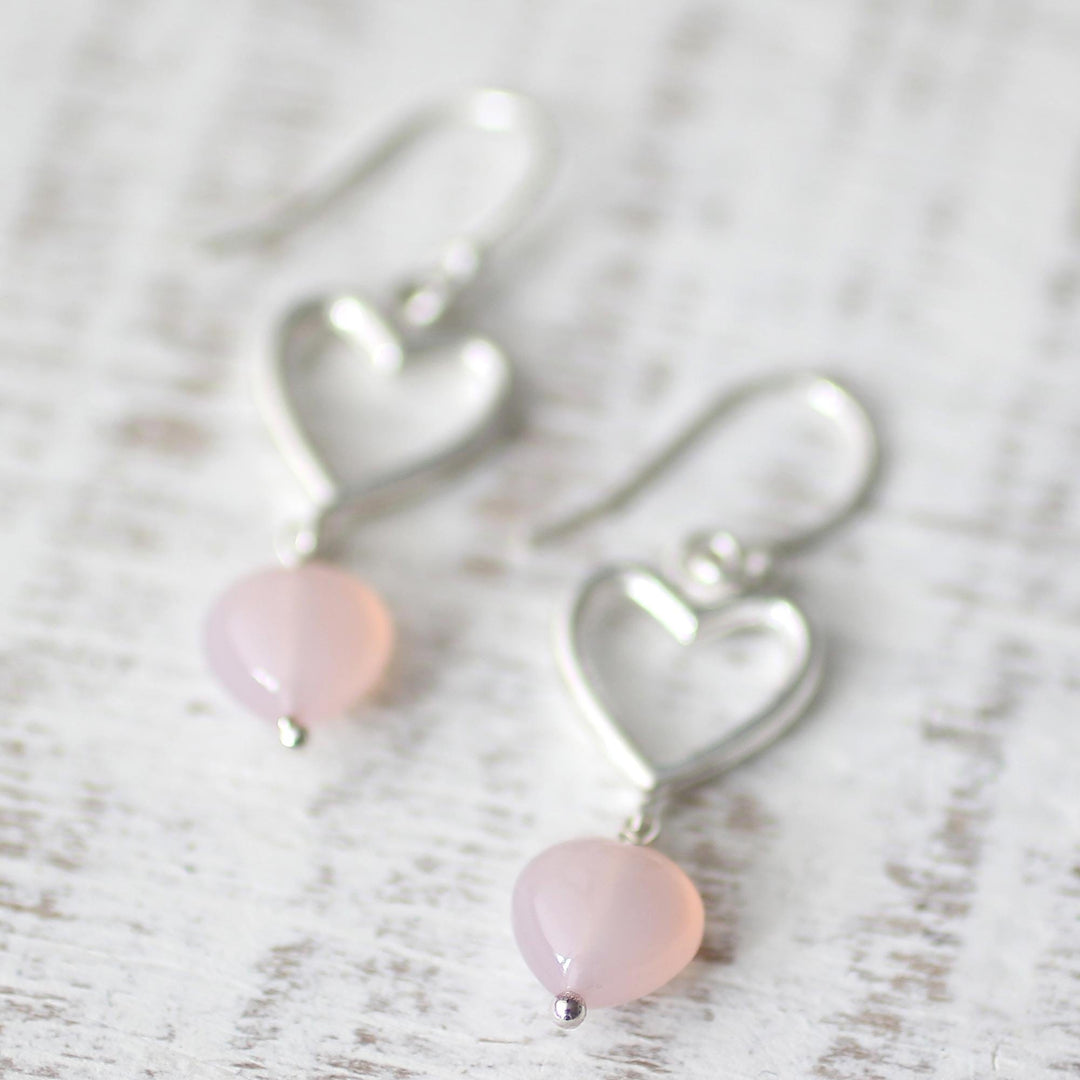 Sterling Silver Pink Onyx Heart Dangle Earrings - Romance Hearts in Pink