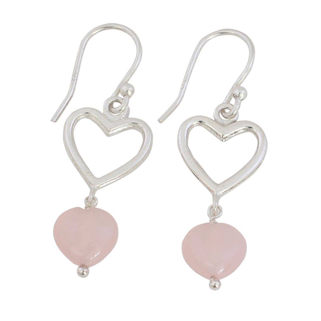 Sterling Silver Pink Onyx Heart Dangle Earrings - Romance Hearts in Pink