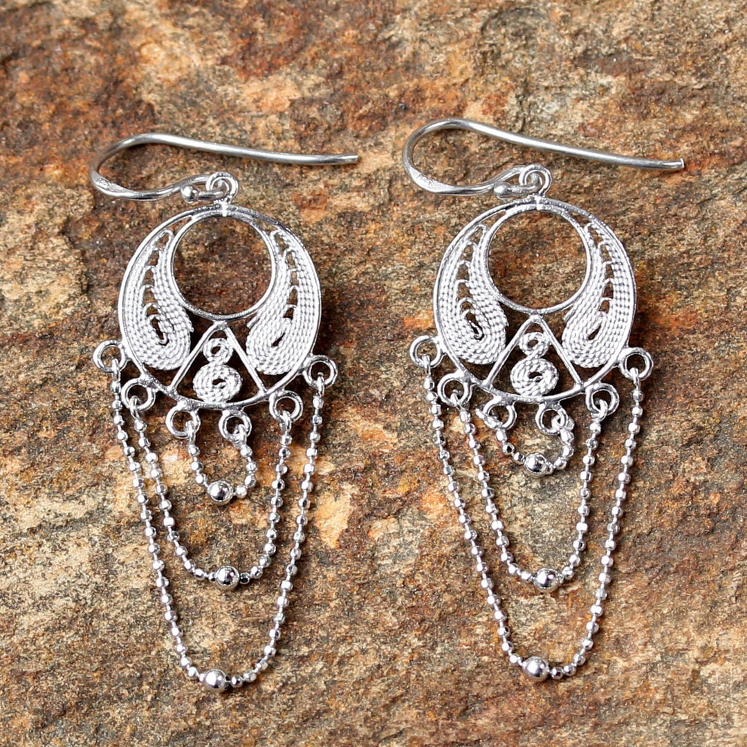 Thai Sterling Silver Circular Filigree Chandelier Earrings - Blessed Links