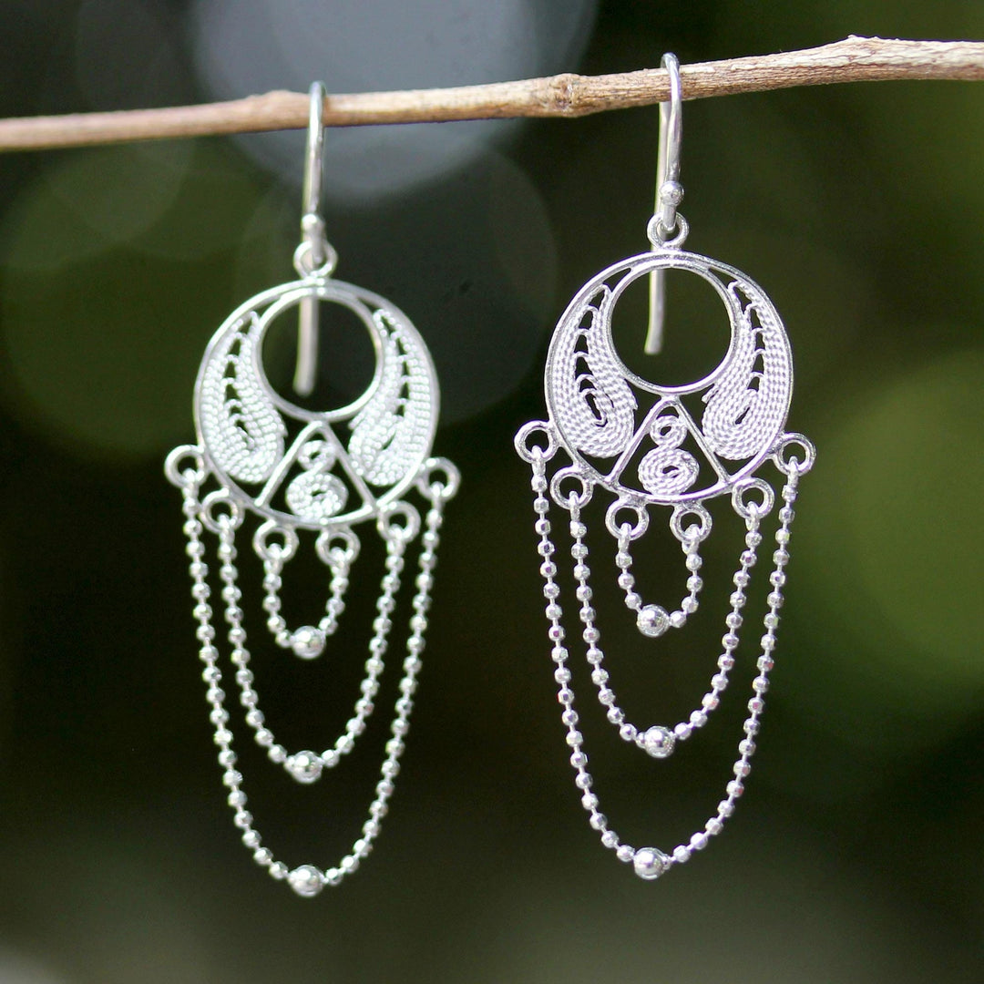 Thai Sterling Silver Circular Filigree Chandelier Earrings - Blessed Links