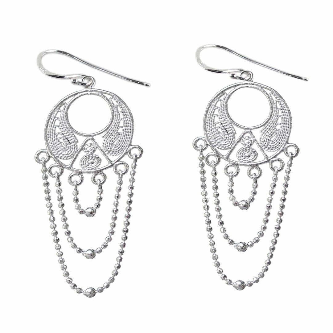 Thai Sterling Silver Circular Filigree Chandelier Earrings - Blessed Links