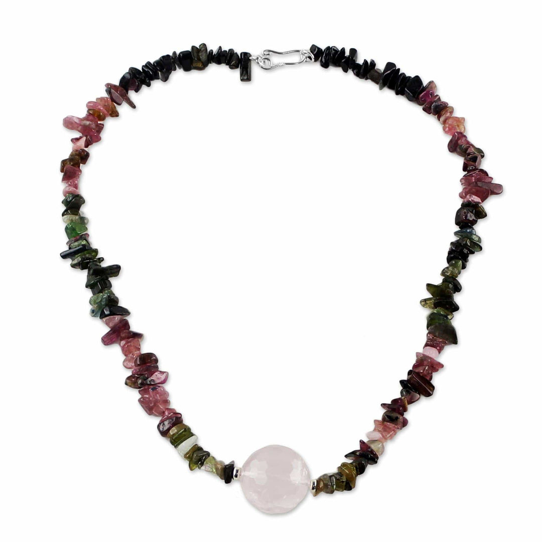 Thai Rose Quartz and Tourmaline Beaded Pendant Necklace - Natural Rose