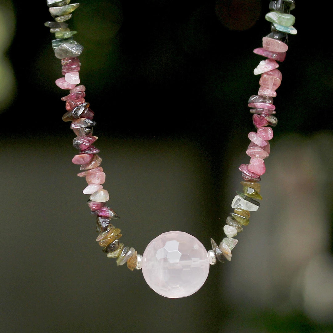 Thai Rose Quartz and Tourmaline Beaded Pendant Necklace - Natural Rose