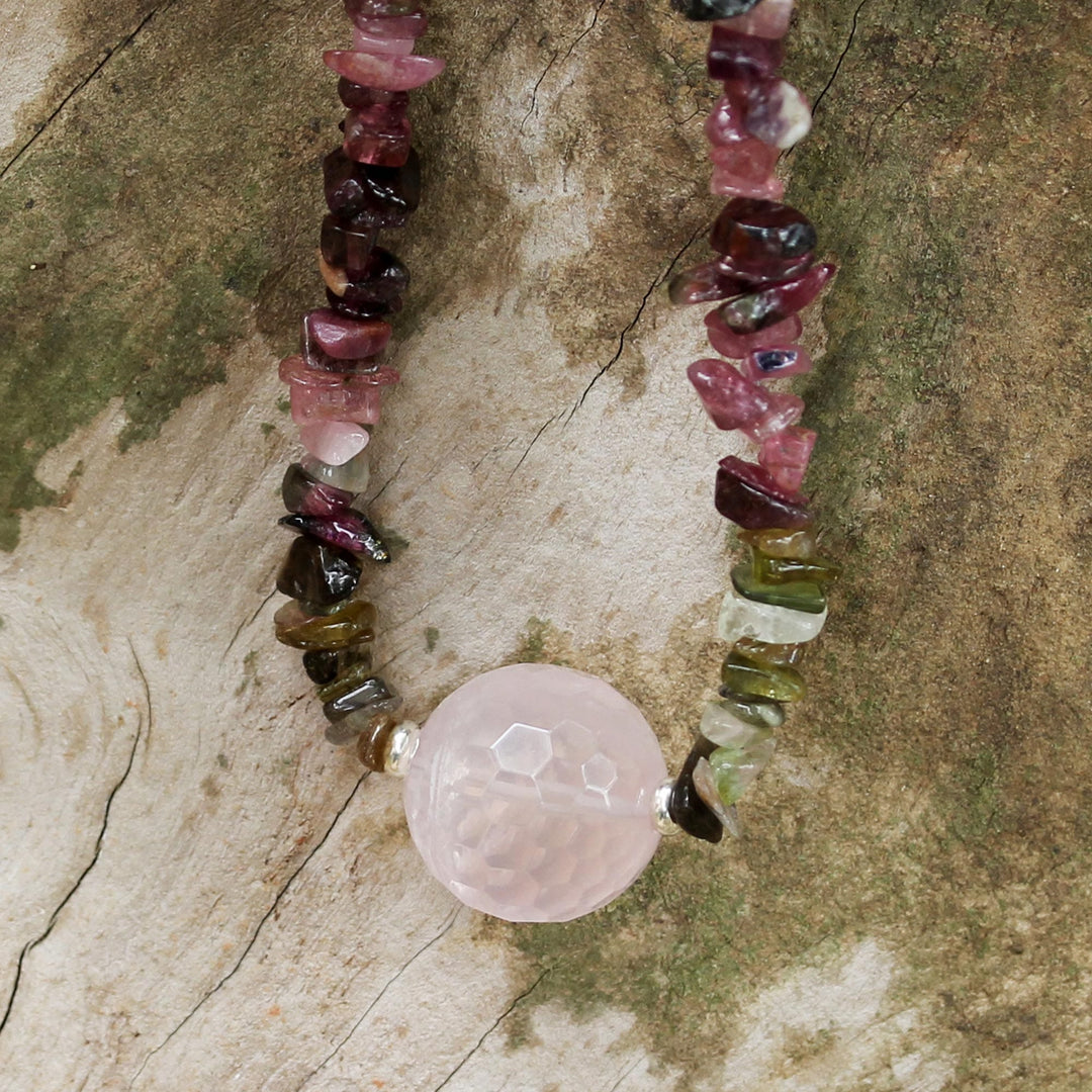 Thai Rose Quartz and Tourmaline Beaded Pendant Necklace - Natural Rose