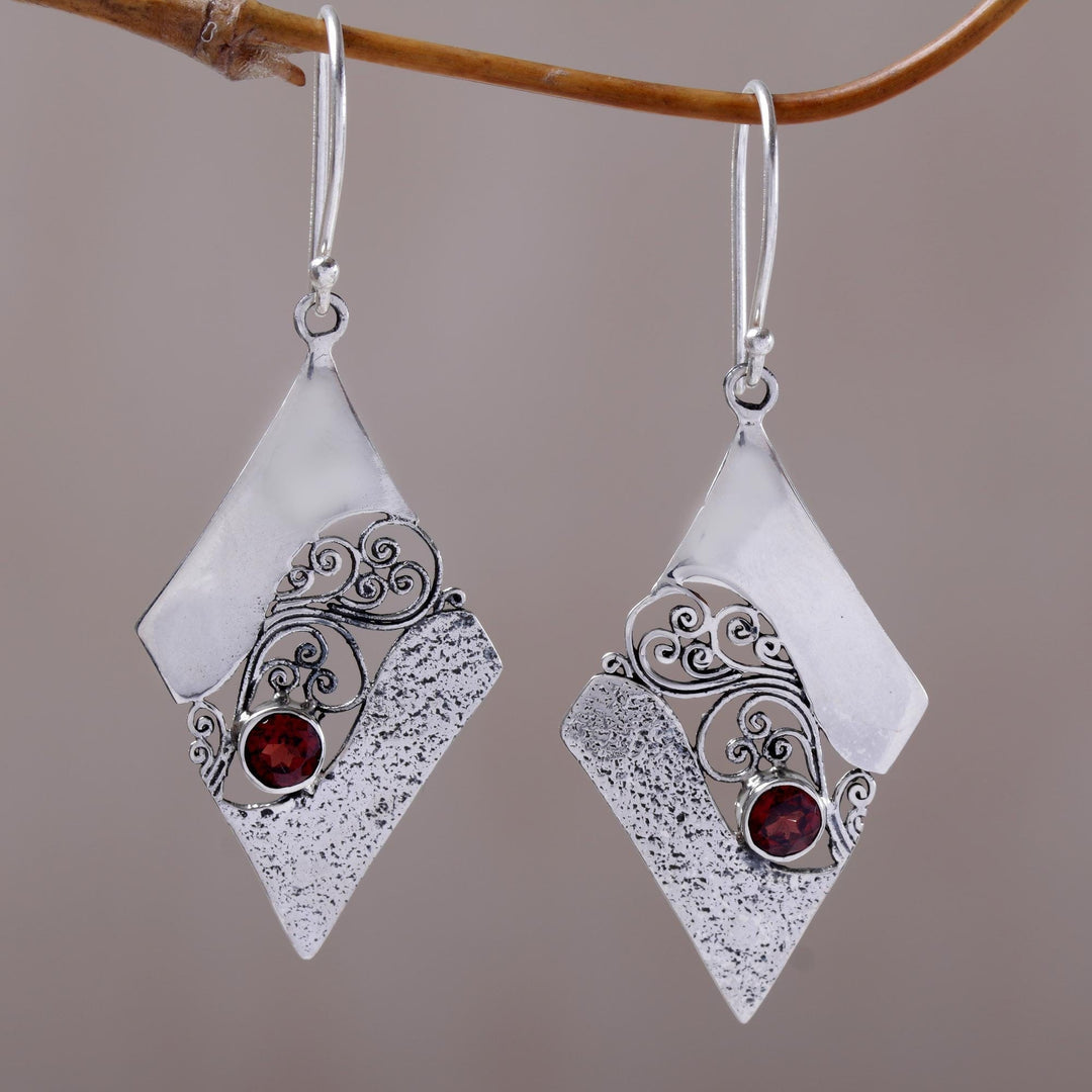 Sterling Silver and Garnet Rhombus Dangle Earrings Indonesia - Fern Kites