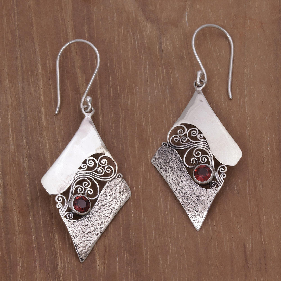 Sterling Silver and Garnet Rhombus Dangle Earrings Indonesia - Fern Kites