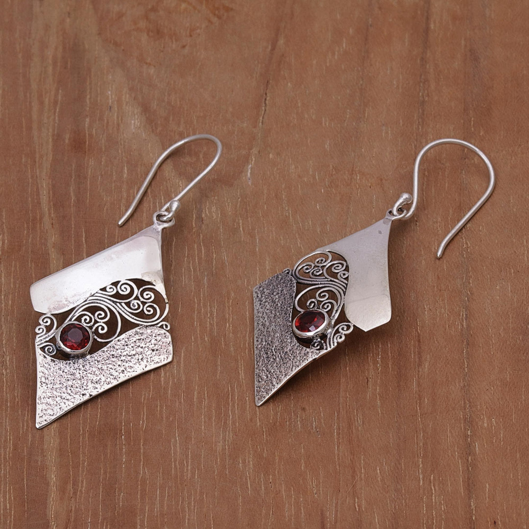 Sterling Silver and Garnet Rhombus Dangle Earrings Indonesia - Fern Kites