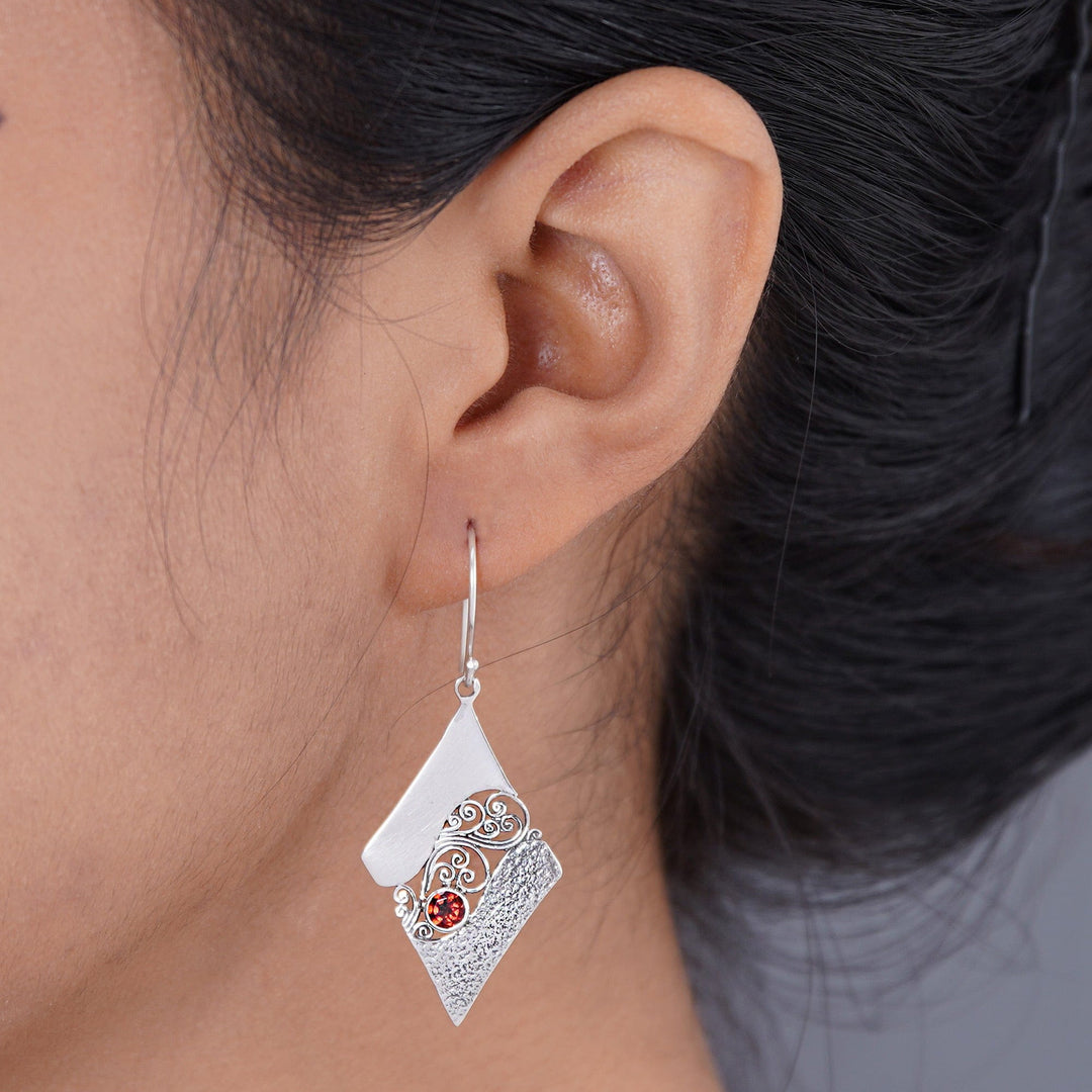 Sterling Silver and Garnet Rhombus Dangle Earrings Indonesia - Fern Kites
