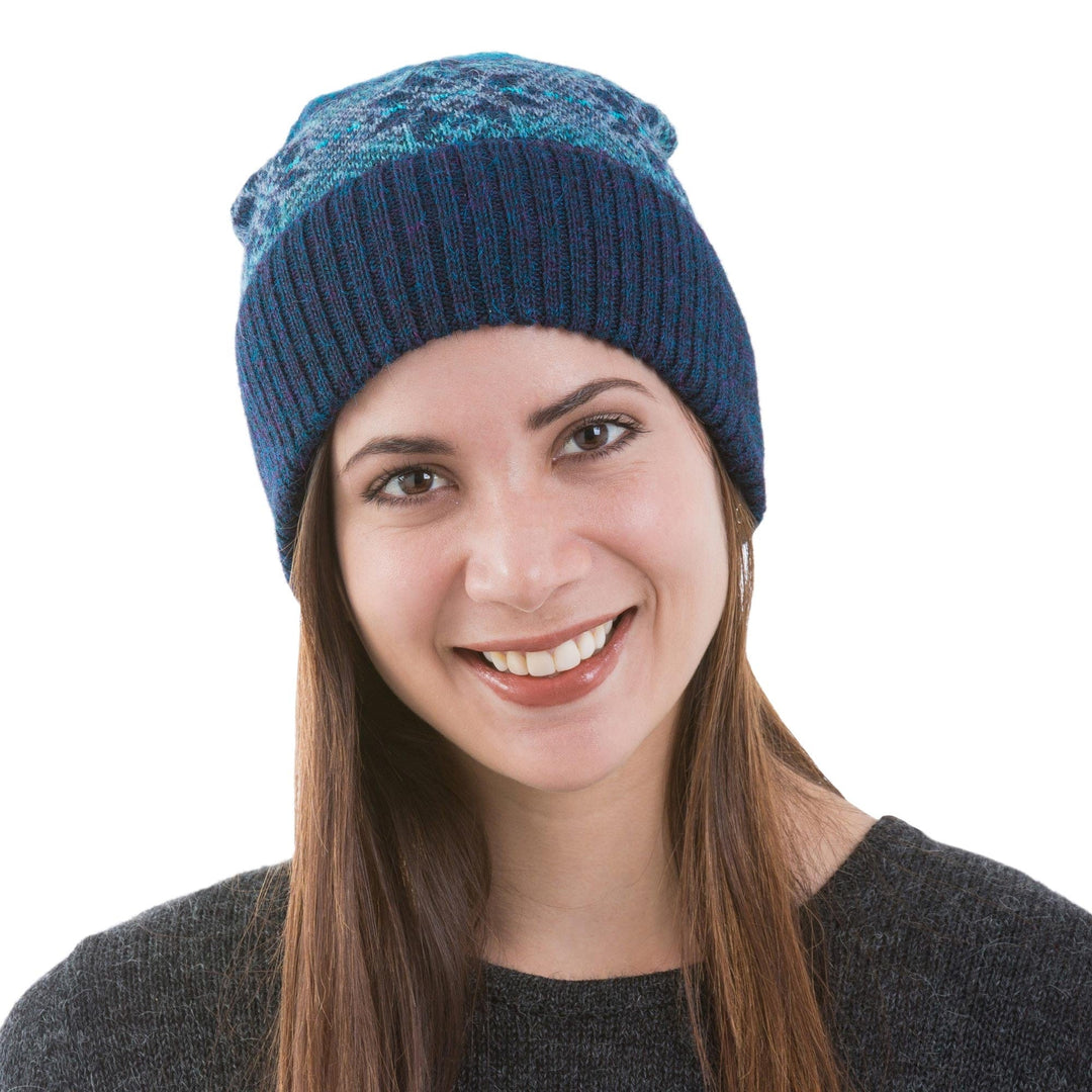 100% Alpaca Knit Hat in Teal and Seafoam from Peru - Andean Snow