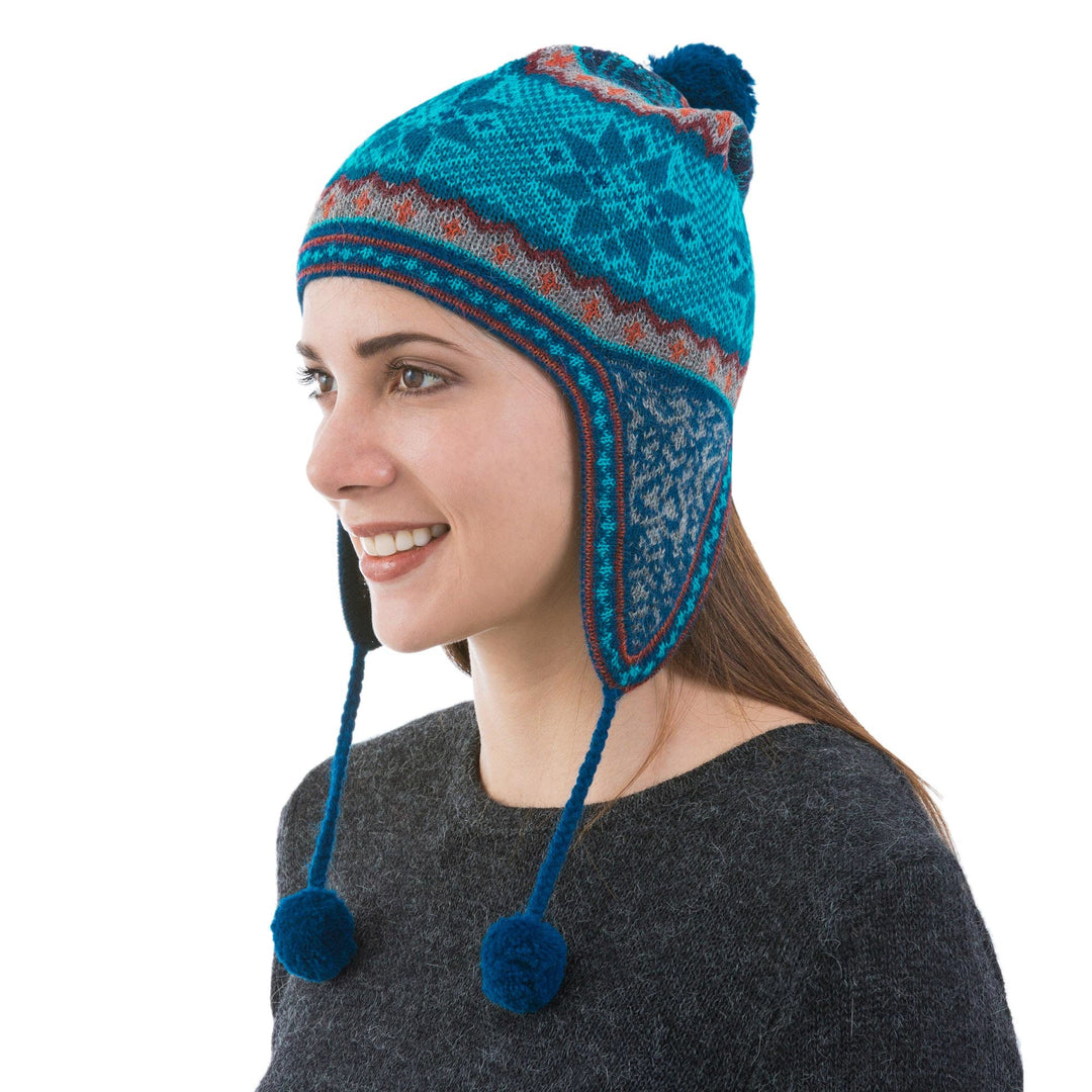 Alpaca Chullo Hat in Azure and Smoke from Peru - Andean Snowfall