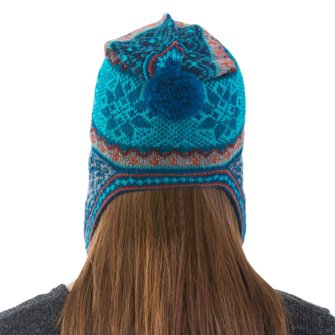 Alpaca Chullo Hat in Azure and Smoke from Peru - Andean Snowfall