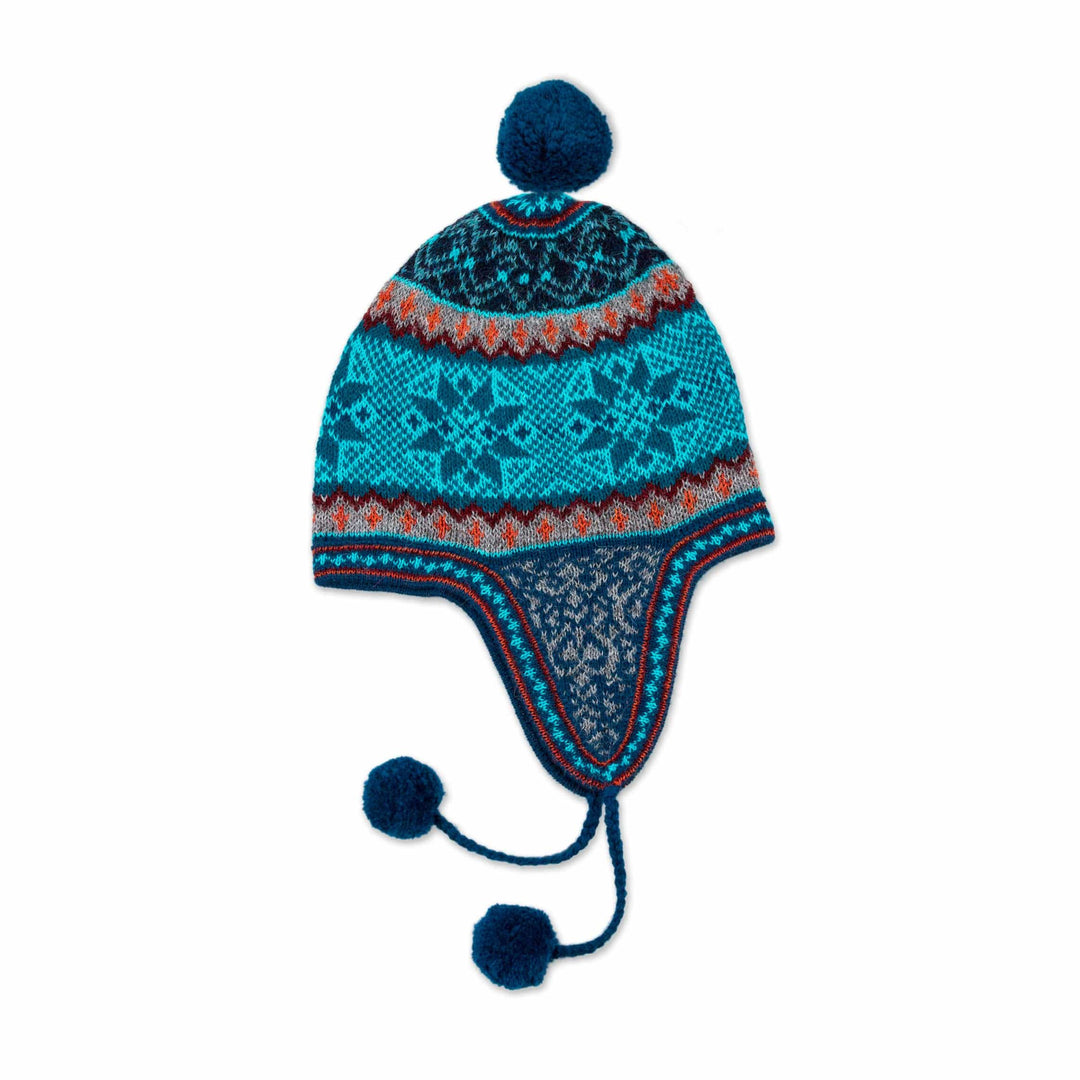 Alpaca Chullo Hat in Azure and Smoke from Peru - Andean Snowfall