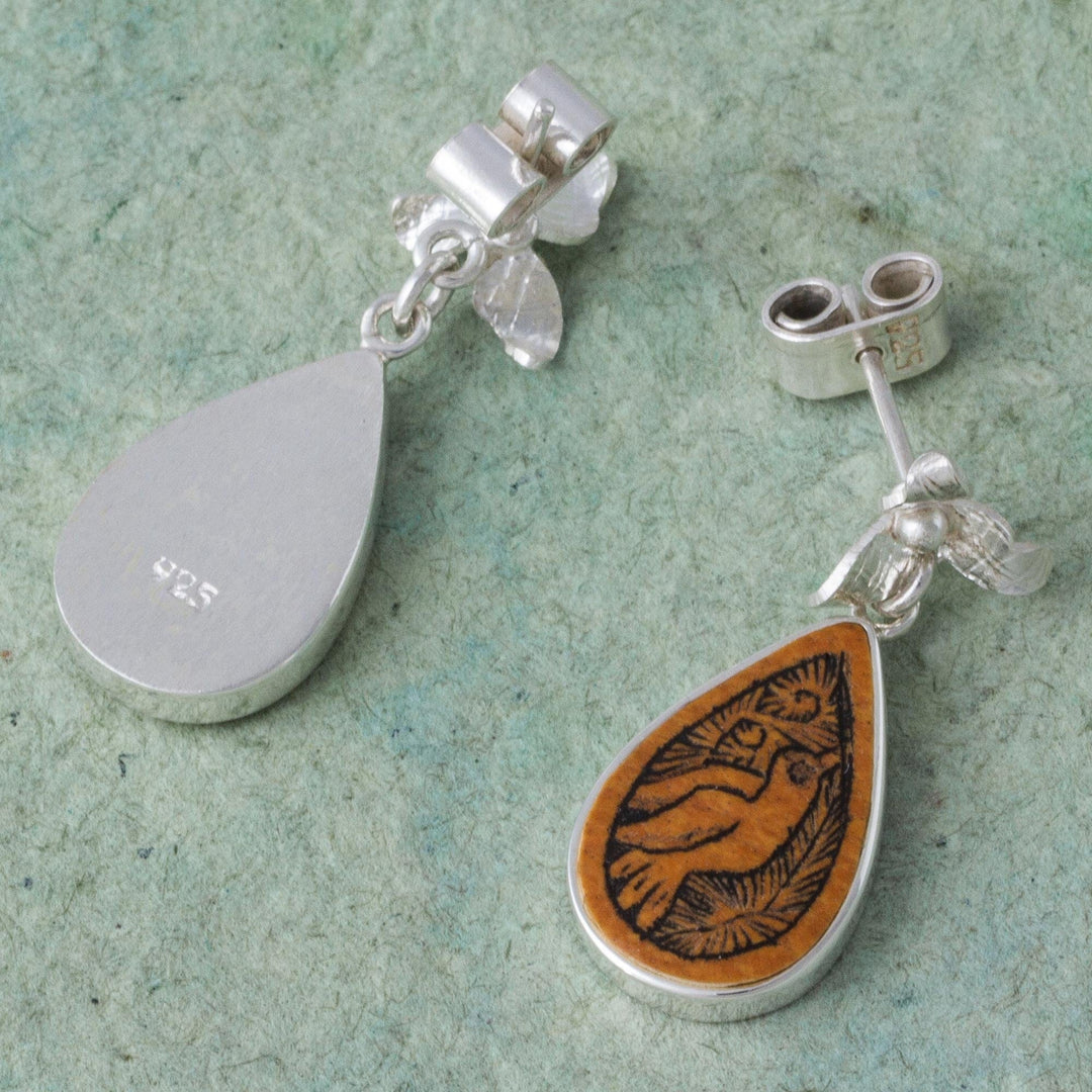 Bird Themed Mate Gourd 925 Silver Dangle Earrings from Peru - Floral Birds