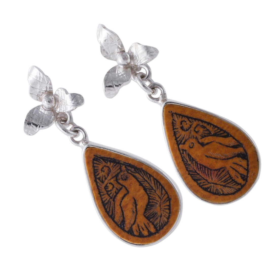 Bird Themed Mate Gourd 925 Silver Dangle Earrings from Peru - Floral Birds
