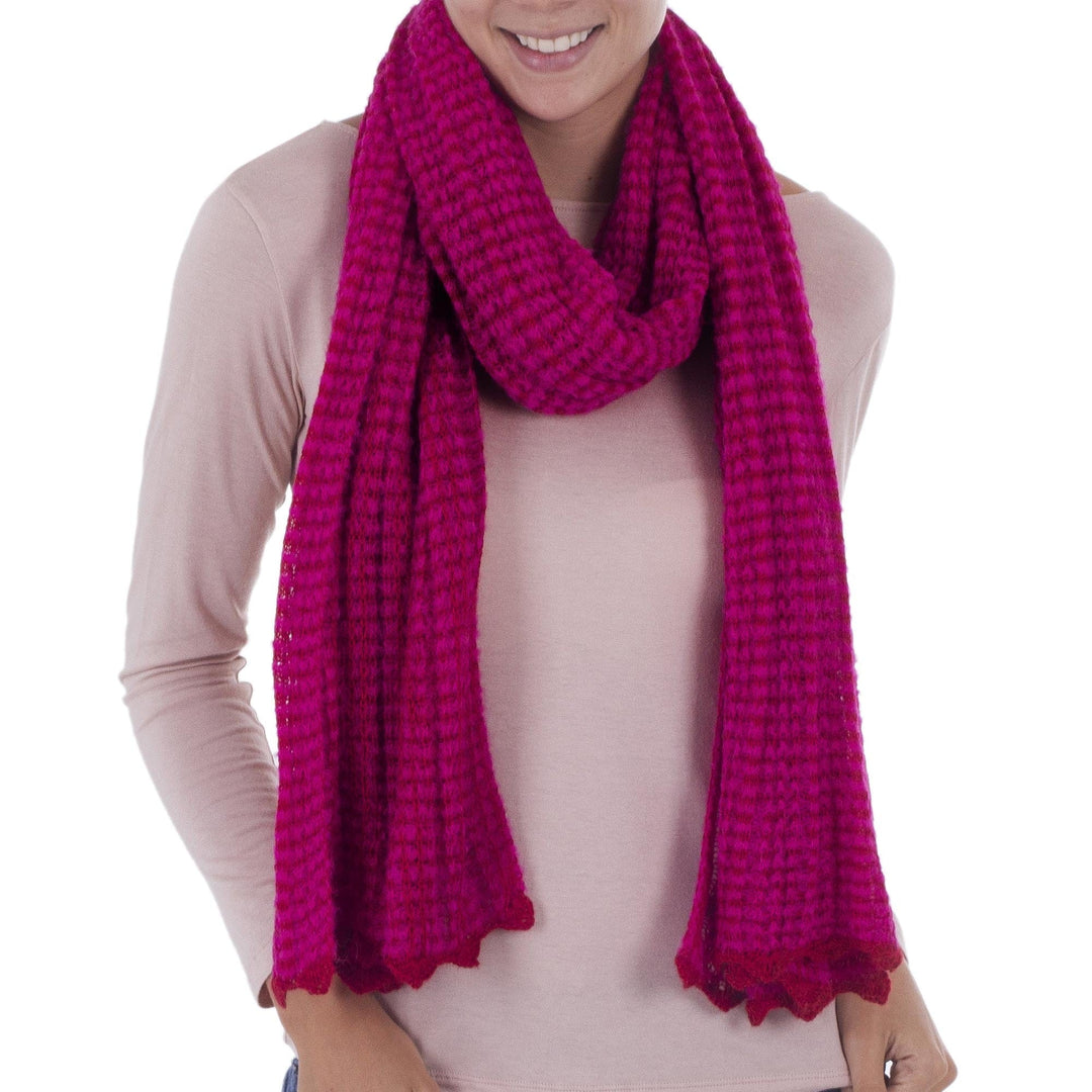 Peruvian Boucle Scarf Knitted in Fuchsia & Red Alpaca Blend - Fuchsia Connection